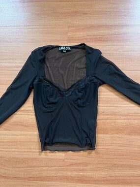 I.AM.GIA Black Sheer Lace-Trim Long Sleeve Top